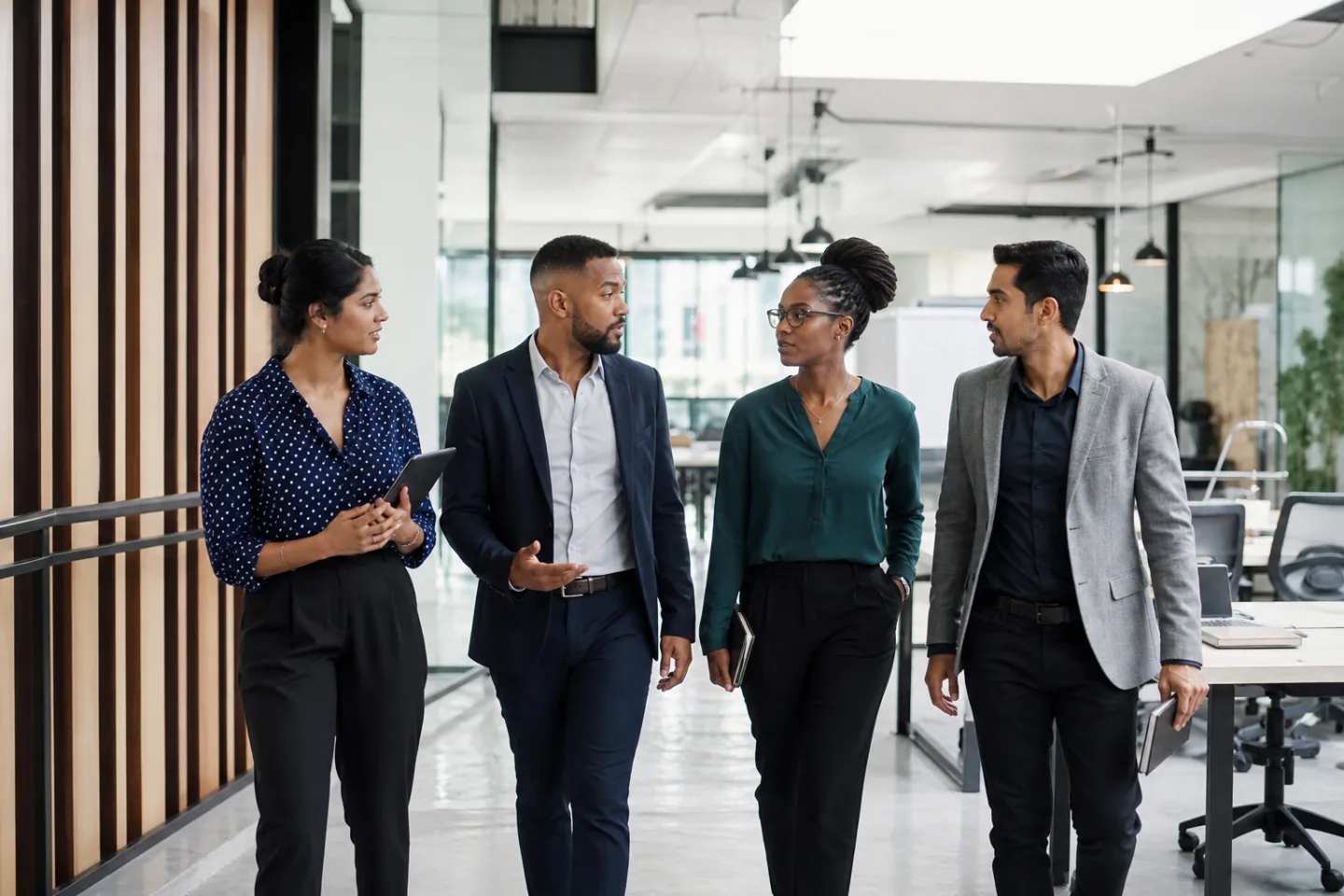 Four legal and digital professionals discussing their work while walking through a modern office.