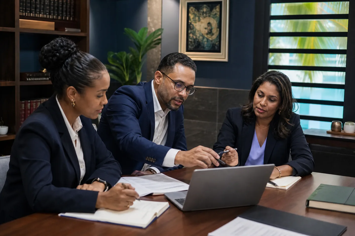 Three legal professionals collaborating around a laptop.