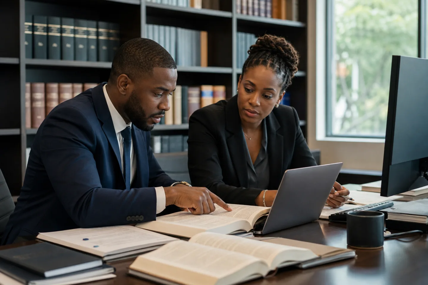 Two attorneys cross-checking digital work against printed primary sources.
